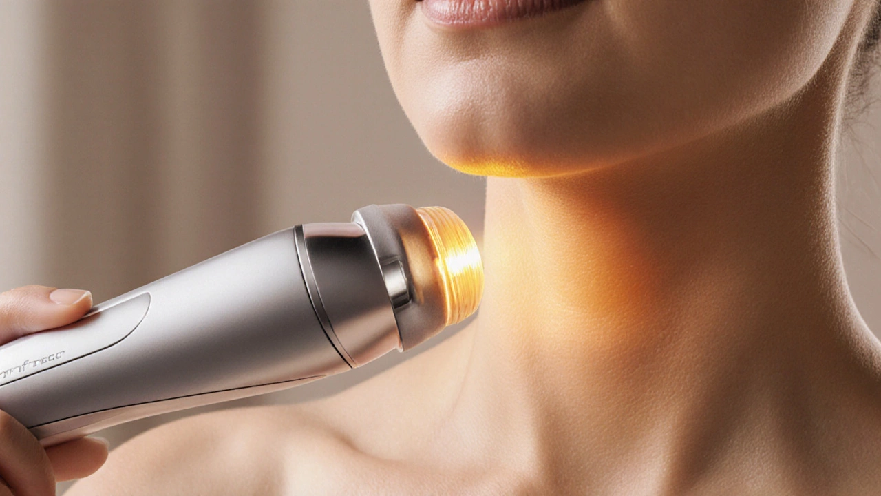 Аппарат радиочастотного лифтинга на подбородке с мягким золотым свечением под кожей