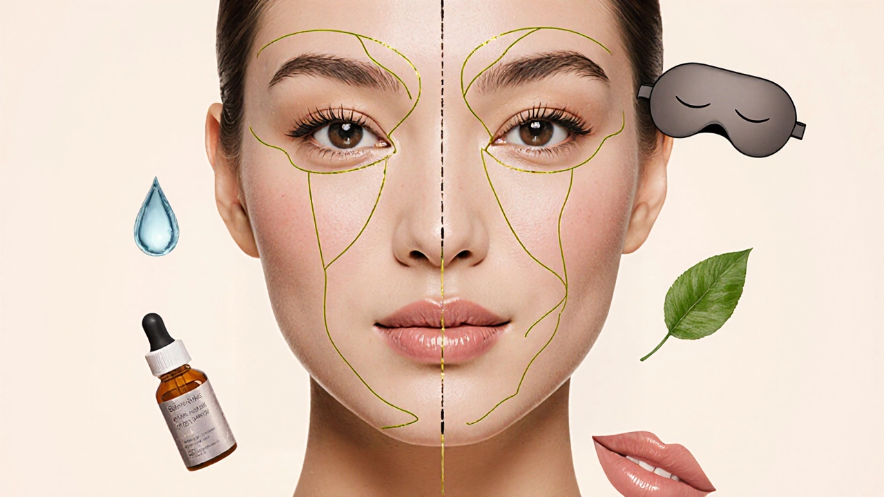 Иллюстрация лица с золотыми линиями, разделяющими его на три равные части, с элементами ухода: водой, сном и сывороткой.