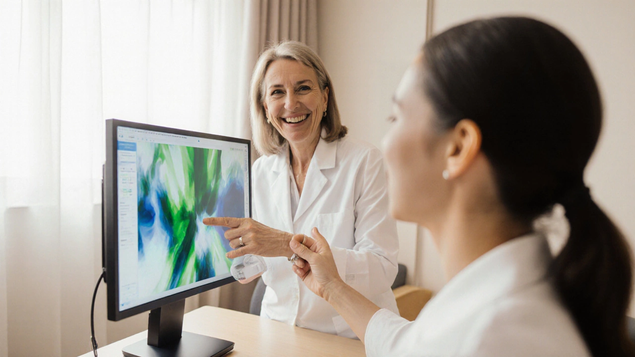 Косметолог и клиентка в клинике обсуждают анализ кожи с естественной улыбкой клиентки