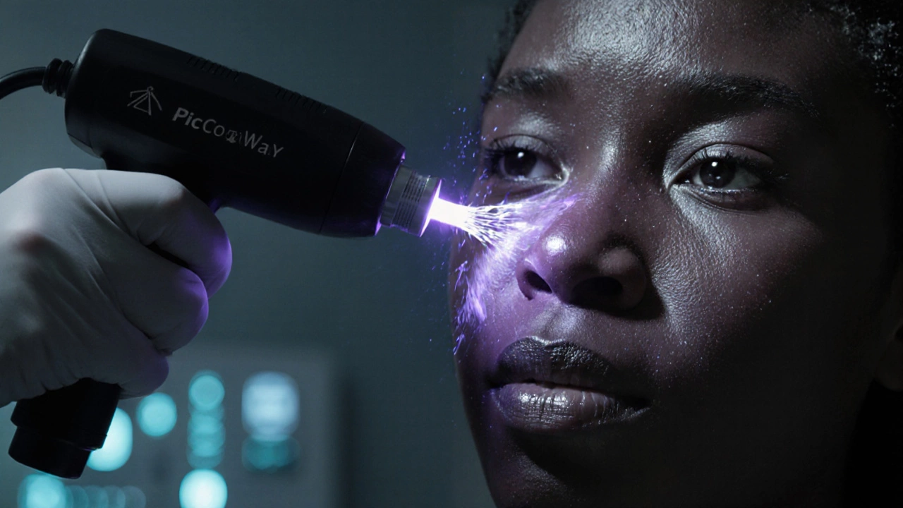 Лазер PicoWay воздействует на темную кожу, разрушая глубокую пигментацию видимыми волнами энергии.