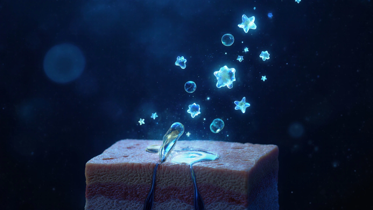 Микроскопический вид кожи ночью: молекулы масла восстанавливают липидный барьер.