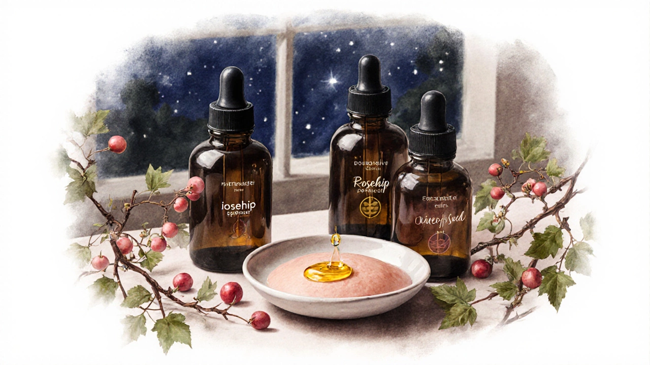 Три натуральных масла в стеклянных флаконах с ягодами шиповника и виноградными лозами.