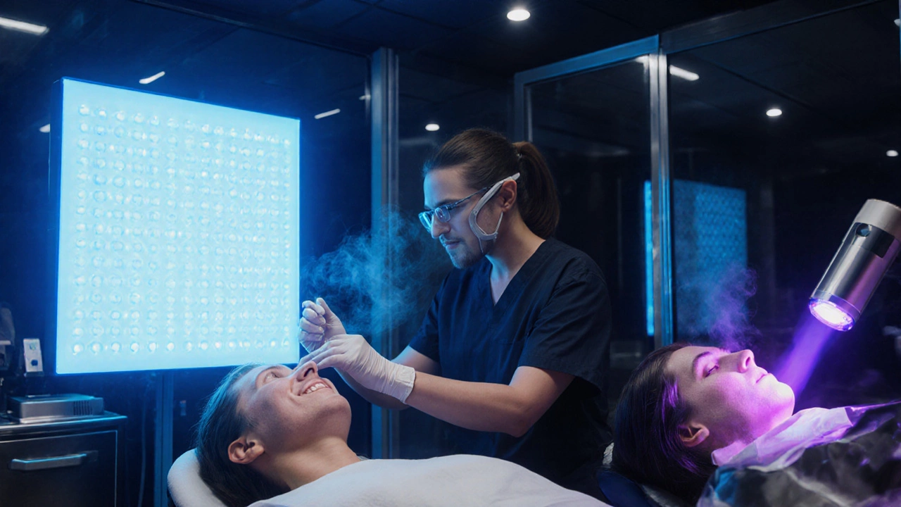 В кабинете показывают LED‑терапию, химический пилинг и фотодинамику.