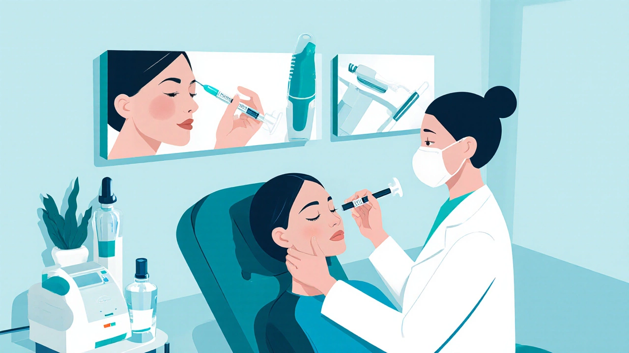 Векторная сцена, показывающая косметолога, выполняющего Botox, филлер, лазер и микродермацию.
