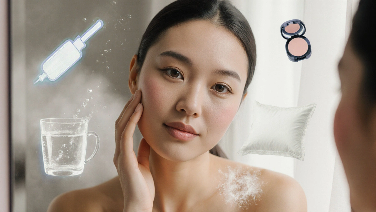 Женщина смотрит в зеркало, где её отражение светится естественно, а вокруг исчезают инъекции и фильтры, оставляя только воду, сон и свет.