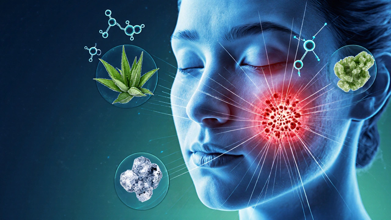 Абстрактное изображение причин акне: забитые поры, бактерии и воспаление, смягчаемые натуральными компонентами.