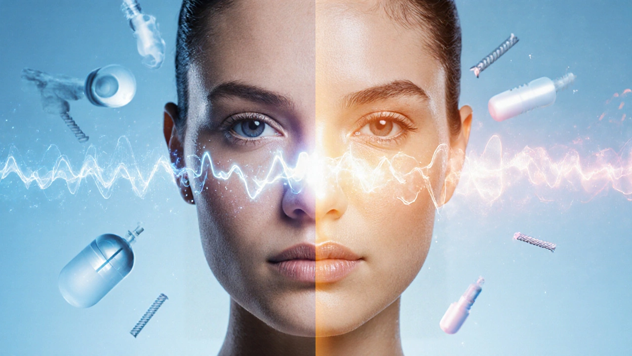 Двустороннее сравнение: до и после подтяжки лица, с абстрактными элементами процедур между ними.