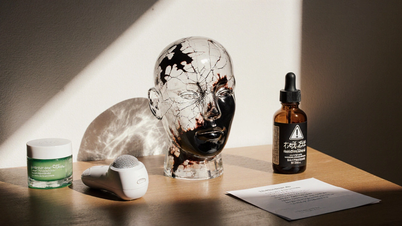 Хрупкая стеклянная скульптура лица с тёмными пятнами рядом с ультразвуковым устройством и солнцезащитным кремом.