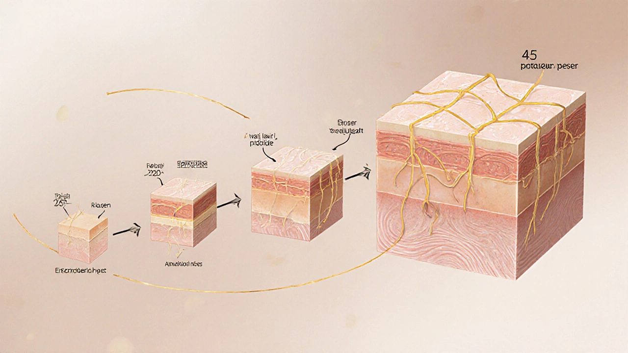 Художественное изображение уменьшения коллагена в коже с возрастом и защитных ингредиентов.