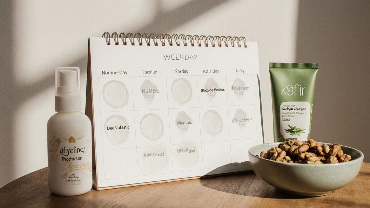 Недельный уход за кожей: средства для акне, кефир и грецкие орехи на деревянной поверхности.