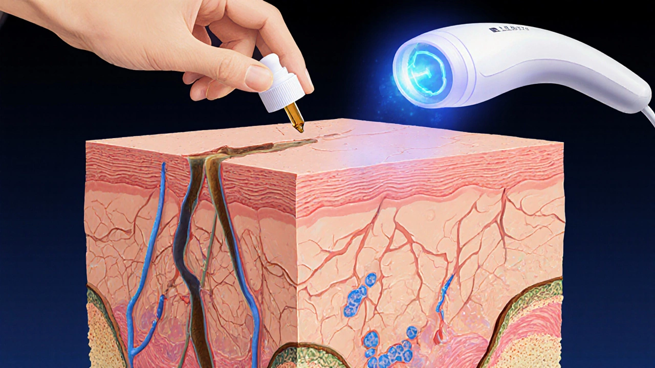Схема кожи как живой системы с нарушениями барьера, микрофлоры и лимфотока.