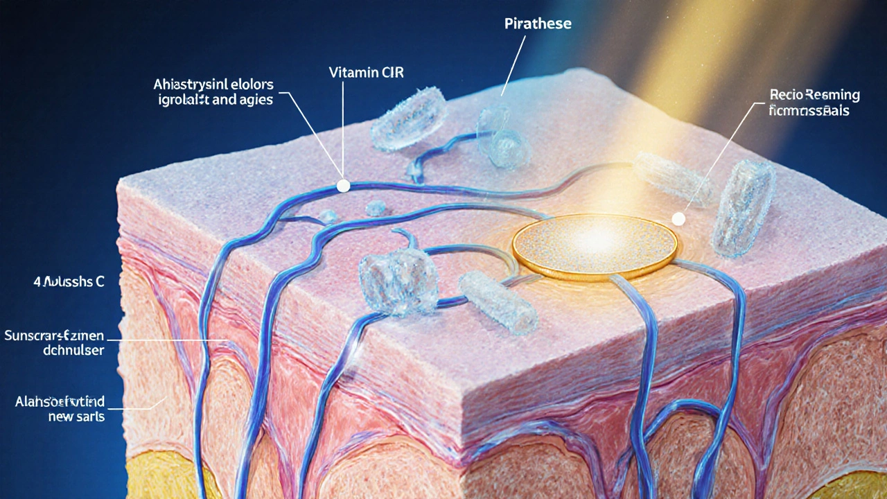 Схема кожи с восстановлением коллагена, пептидами и защитой от УФ-излучения.