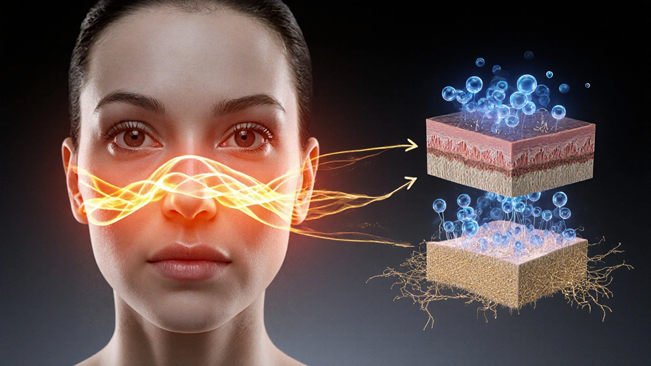 Схематическое изображение глубоких слоев лица с радиочастотой, нитями и инъекциями, стимулирующими коллаген.