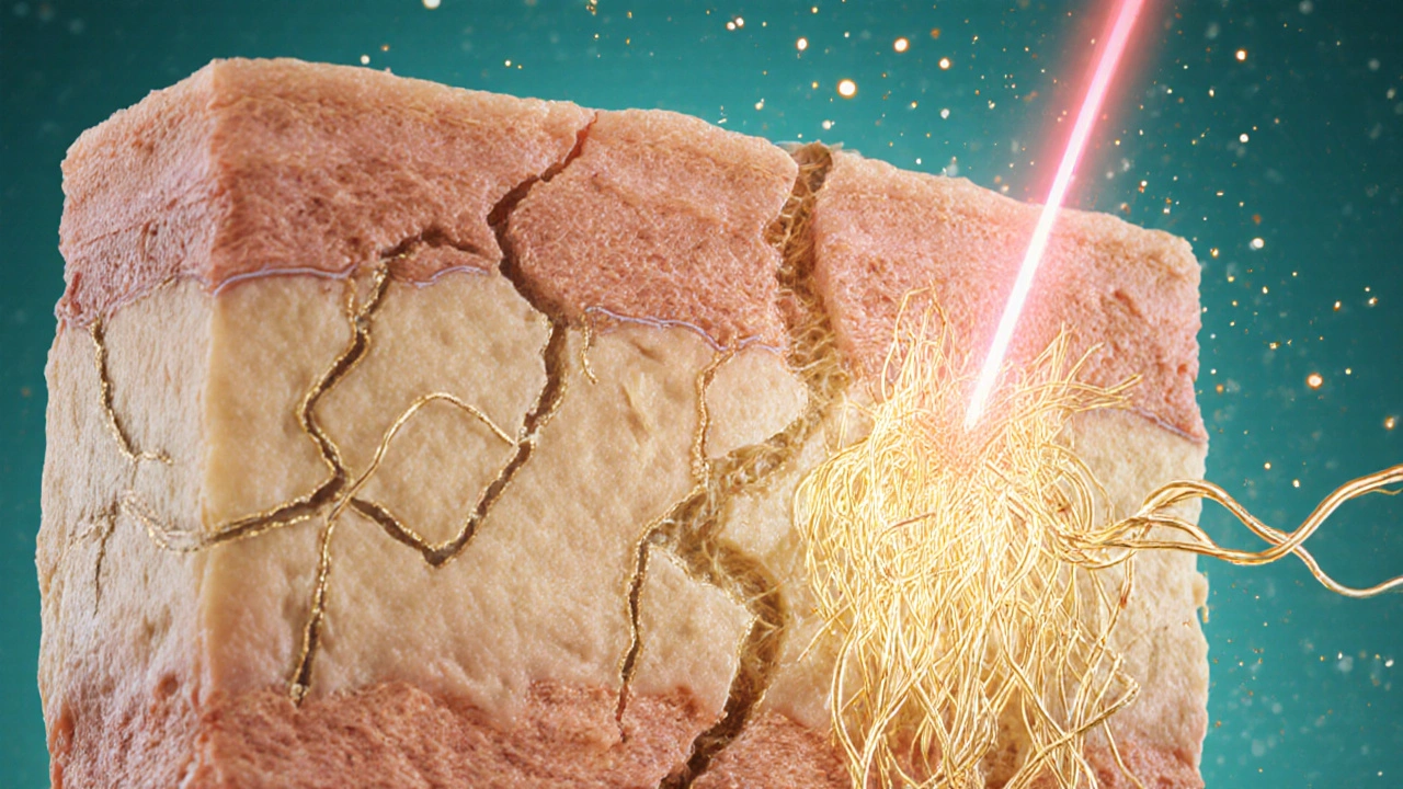 Схематическое изображение кожи: старые волокна коллагена разрываются, новые формируются под действием лазерного света.