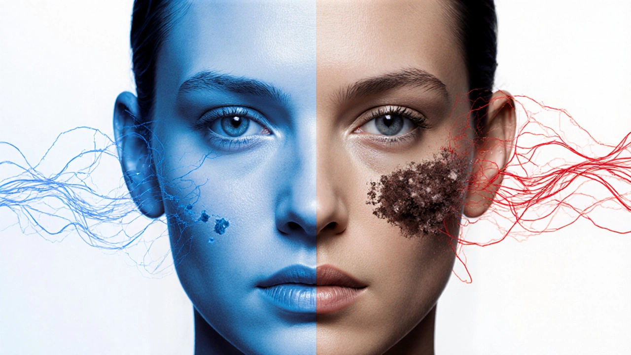 Схематичное изображение лица: одна половина здоровая, другая — с распространяющейся пигментацией под ультразвуком.