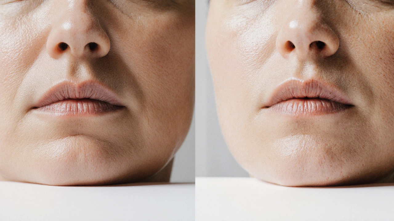 Сравнение до и после лазерного подтягивания кожи лица: с одной стороны — провисшие контуры, с другой — упругая и свежая кожа.