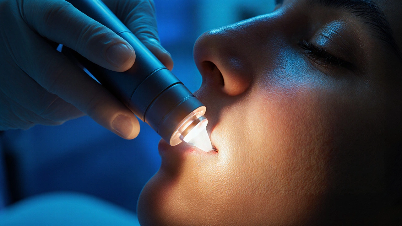 Врач использует фракционный лазер на коже лица, видны световые лучи, стимулирующие регенерацию.