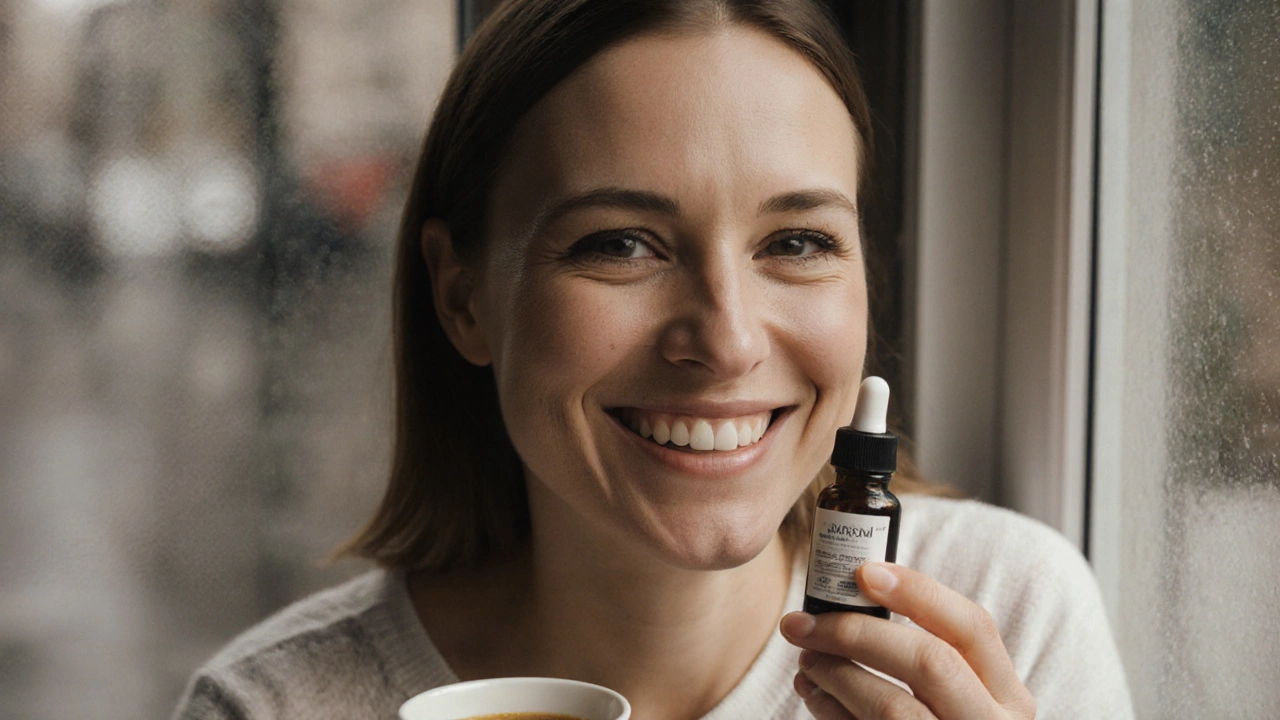 Женщина 30+ с здоровой кожей держит сыворотку с ретинолом у окна в Петербурге.