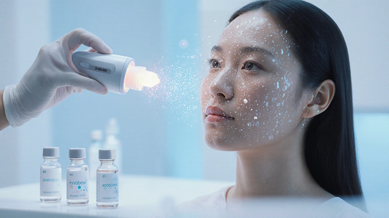 Женщина получает персонализированный крем из устройства, сканирующего ДНК кожи в лаборатории 2025 года.