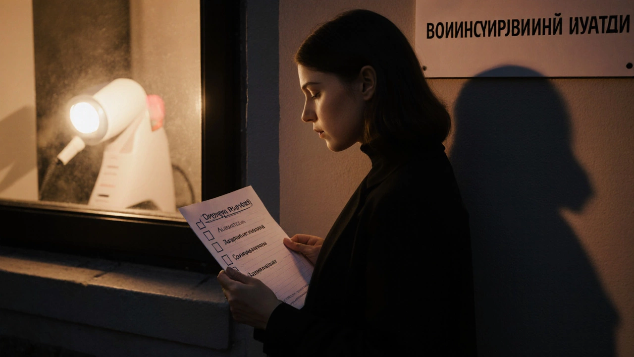 Женщина стоит перед косметологической клиникой, держа список противопоказаний, в окне — лазерное оборудование.