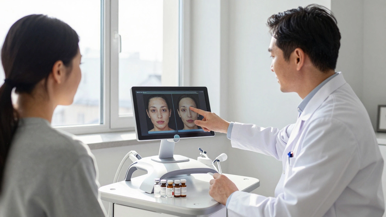 Дерматолог в клинике объясняет пациенту план омоложения, на столе — медицинские устройства для процедур.