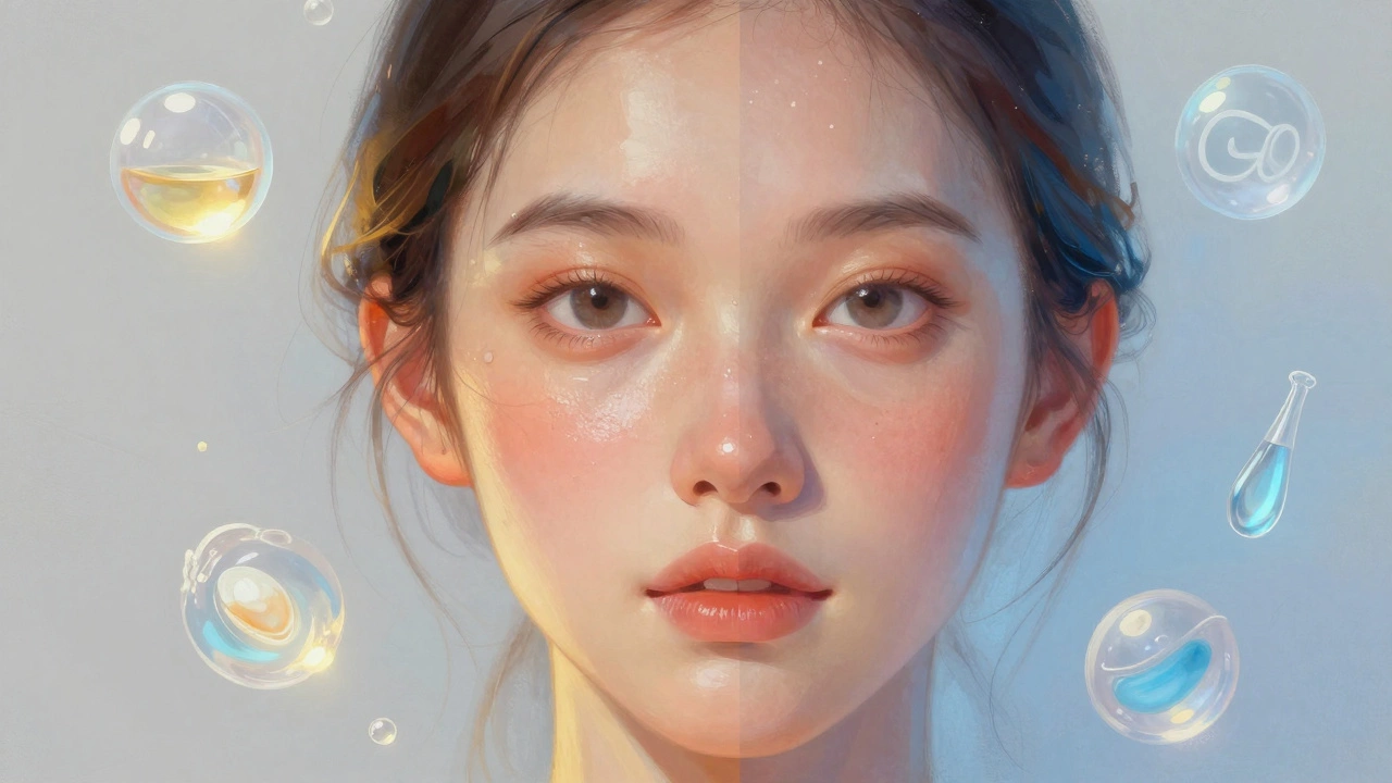 Две половины лица: одна молодая и сияющая, другая — с признаками старения, вокруг — элементы ухода.