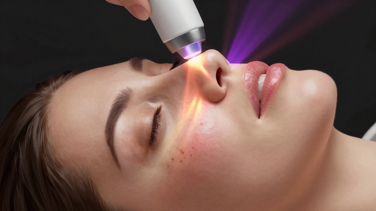 Лицо под воздействием импульсного света, устраняющего пигментацию и сосудистые звёздочки.