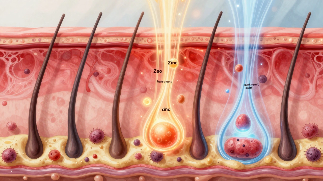 Разрез кожи с визуализацией активных компонентов, устраняющих воспаление и восстанавливающих дерму.