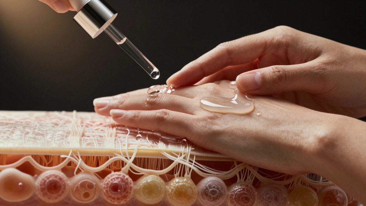 Рука наносит слои ухода на кожу, под поверхностью видны восстанавливающиеся коллагеновые волокна.