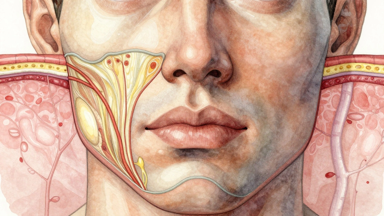 Схема кожи после 40: уменьшение коллагена, смещение жира и снижение кровоснабжения.