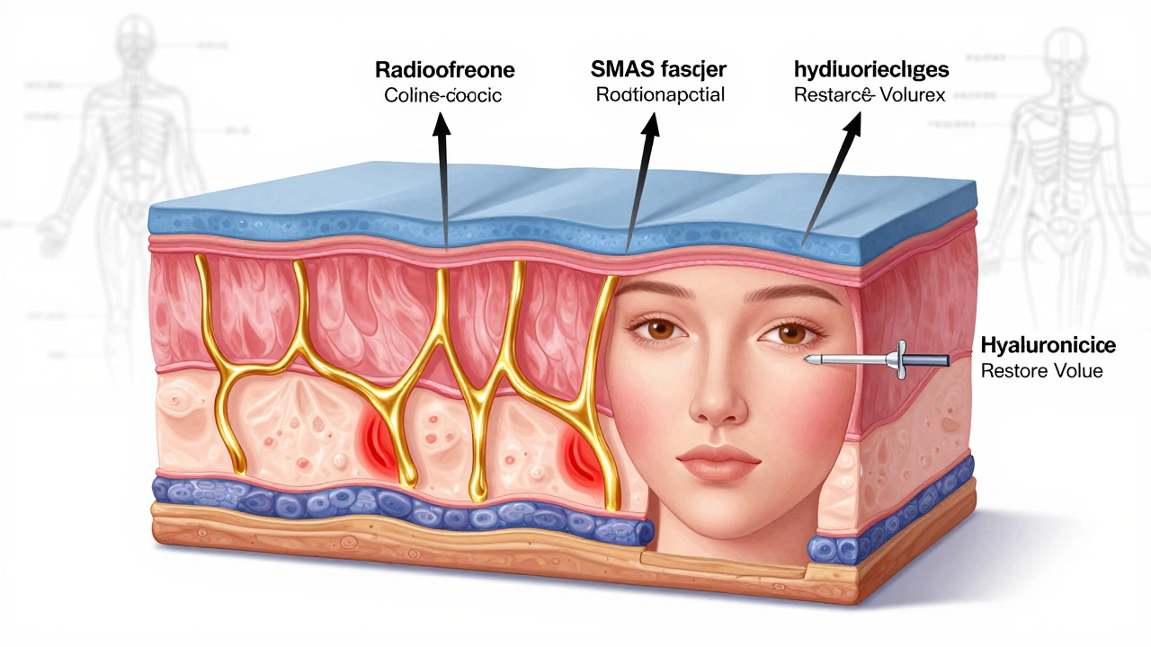 Схема кожи с показом воздействия лазера, радиочастоты и инъекций гиалуроновой кислоты на глубокие слои.