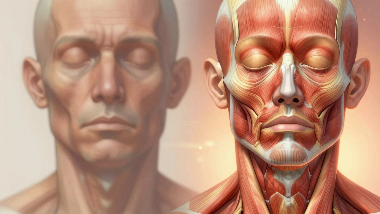 Схематичное изображение подтянутого овала лица с выделенными мышцами и тканями.