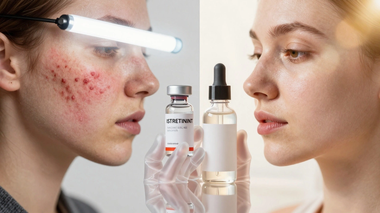 Сравнение до и после лечения акне: воспаленная кожа слева, чистая — справа.