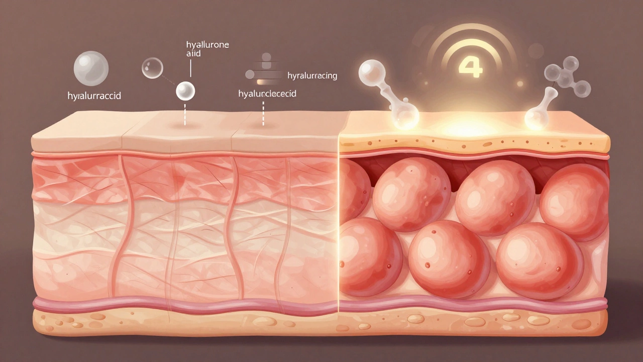 Сравнение стареющей и омоложенной кожи: разрыв между тонкой морщинистой кожей и упругой, насыщенной коллагеном.