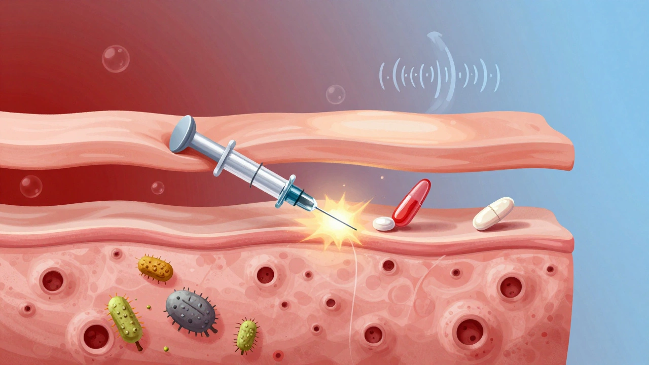 Три уровня воздействия на кожу при лечении акне: бактерии, лазер и восстановленная кожа.