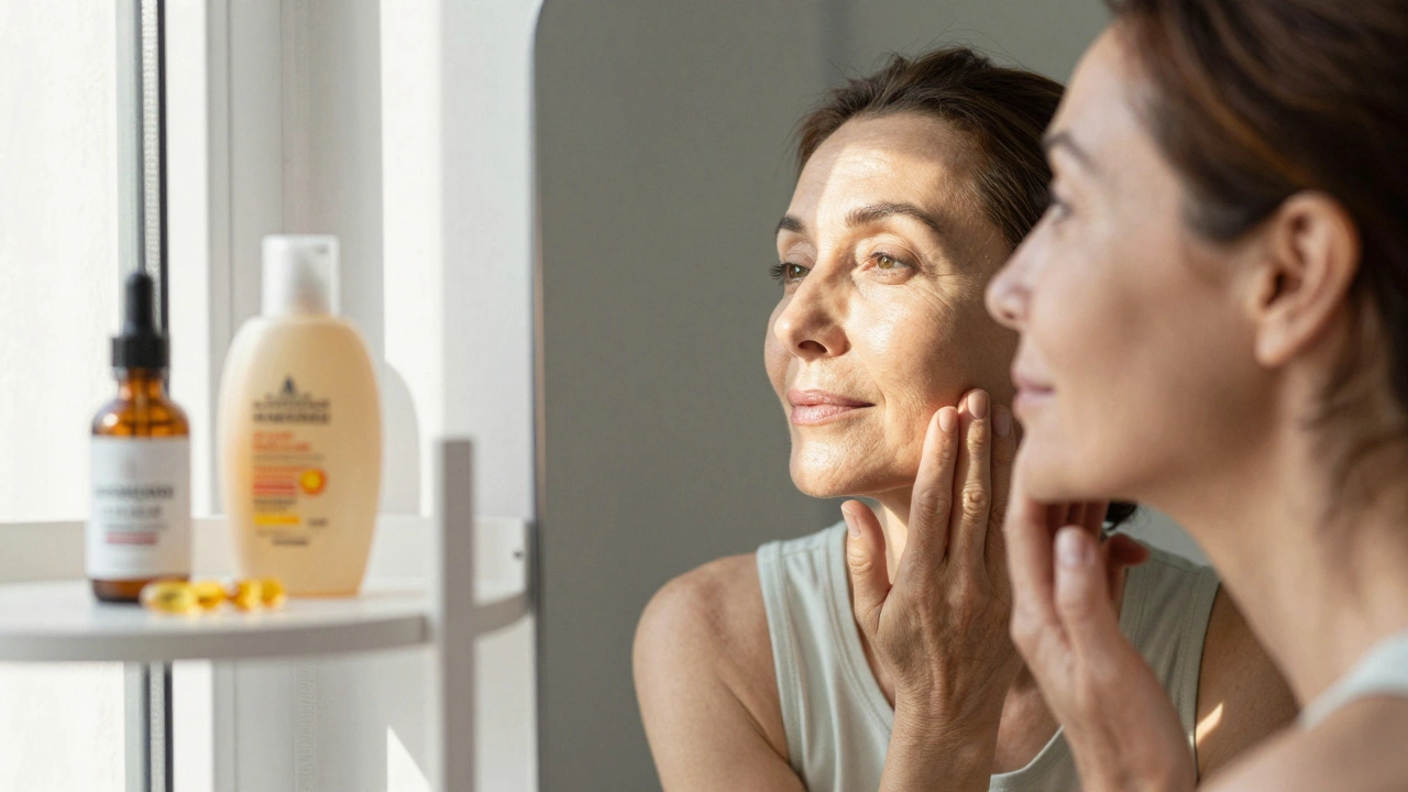 Женщина 50 лет смотрит в зеркало, рядом — сыворотка, солнцезащитный крем и омега-3.