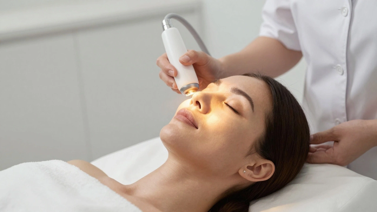 Женщина получает радиочастотный лифтинг в клинике, золотистый свет подчеркивает глубокое воздействие на кожу.