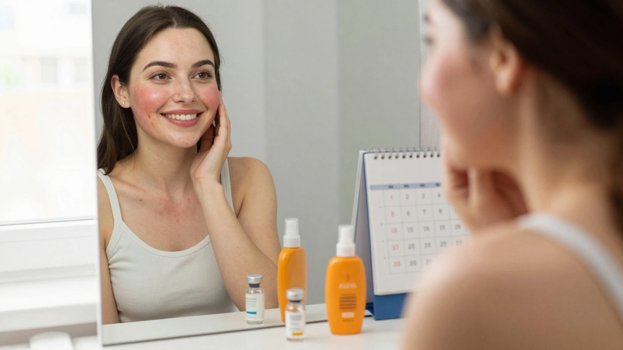 Женщина с чистой кожей смотрит в зеркало, рядом — флакон с препаратом и солнцезащитный крем.