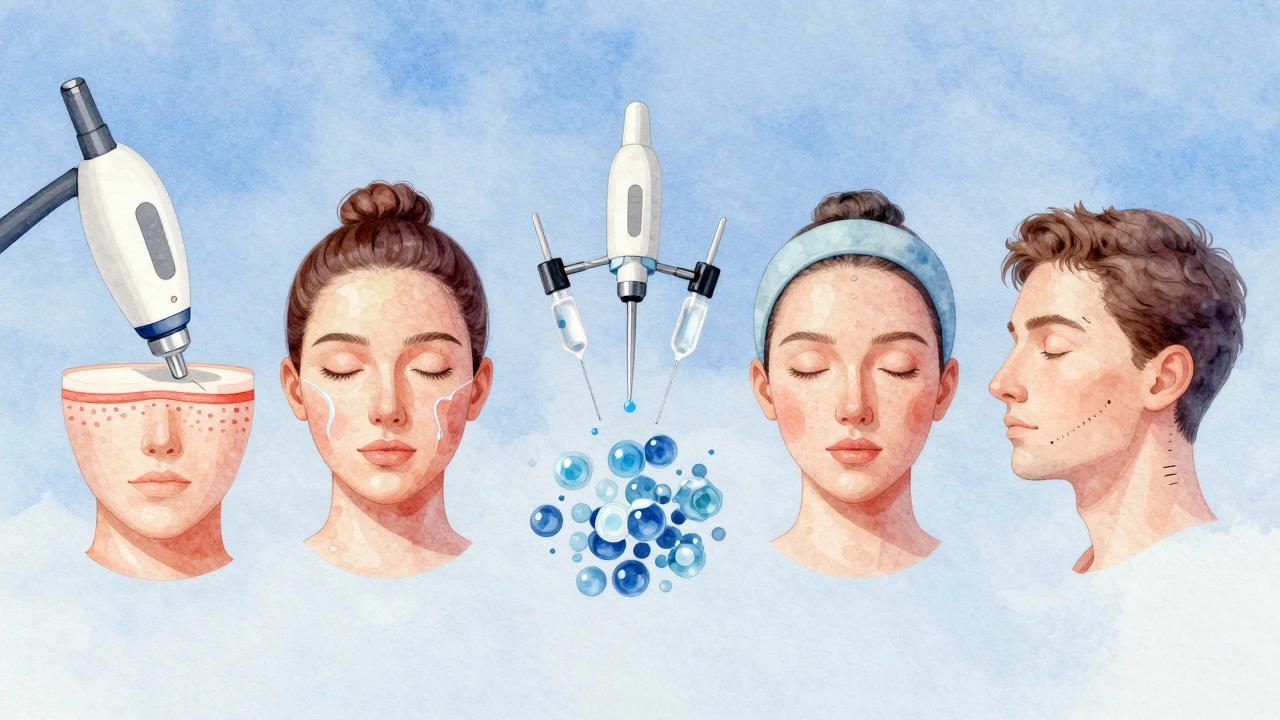 Абстрактное художественное изображение пяти методов эстетической косметологии: лазер, ультразвук, мезотерапия, криолиполиз и нити.