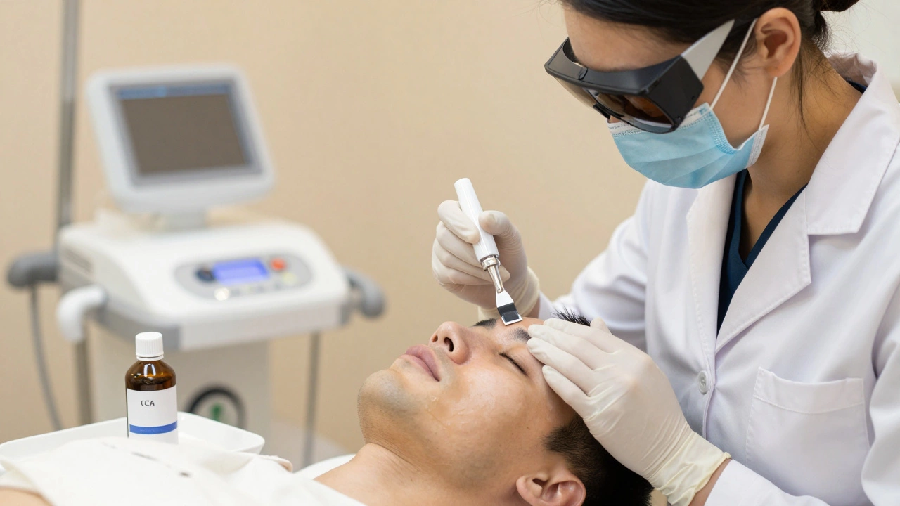 Дерматолог наносит химический пилинг пациенту в клинике.