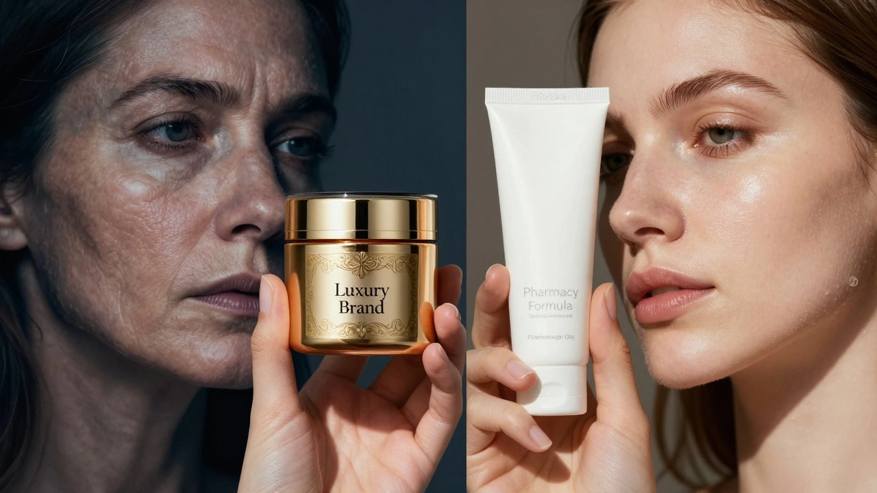 Два крема — дорогой и аптечный — на фоне сравнения старой и обновленной кожи.