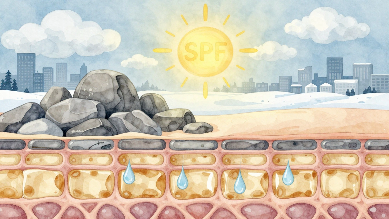 Художественное изображение защитного барьера кожи как крепости с липидами и увлажняющими каплями.