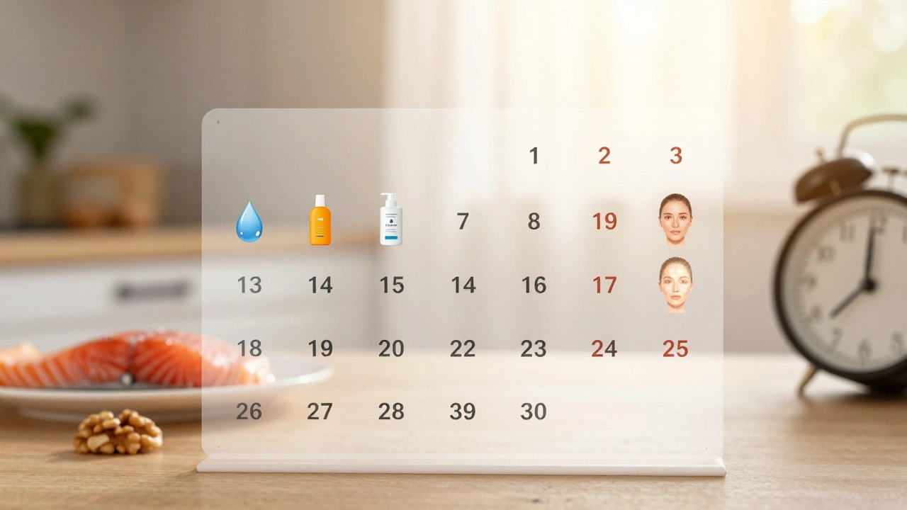 Календарь на 30 дней с иконками ухода за кожей, переход от тусклости к сиянию.