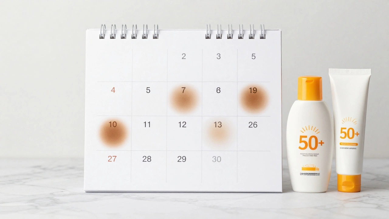 Календарь с отмеченными процедурами и средствами ухода, пигмент постепенно светлеет