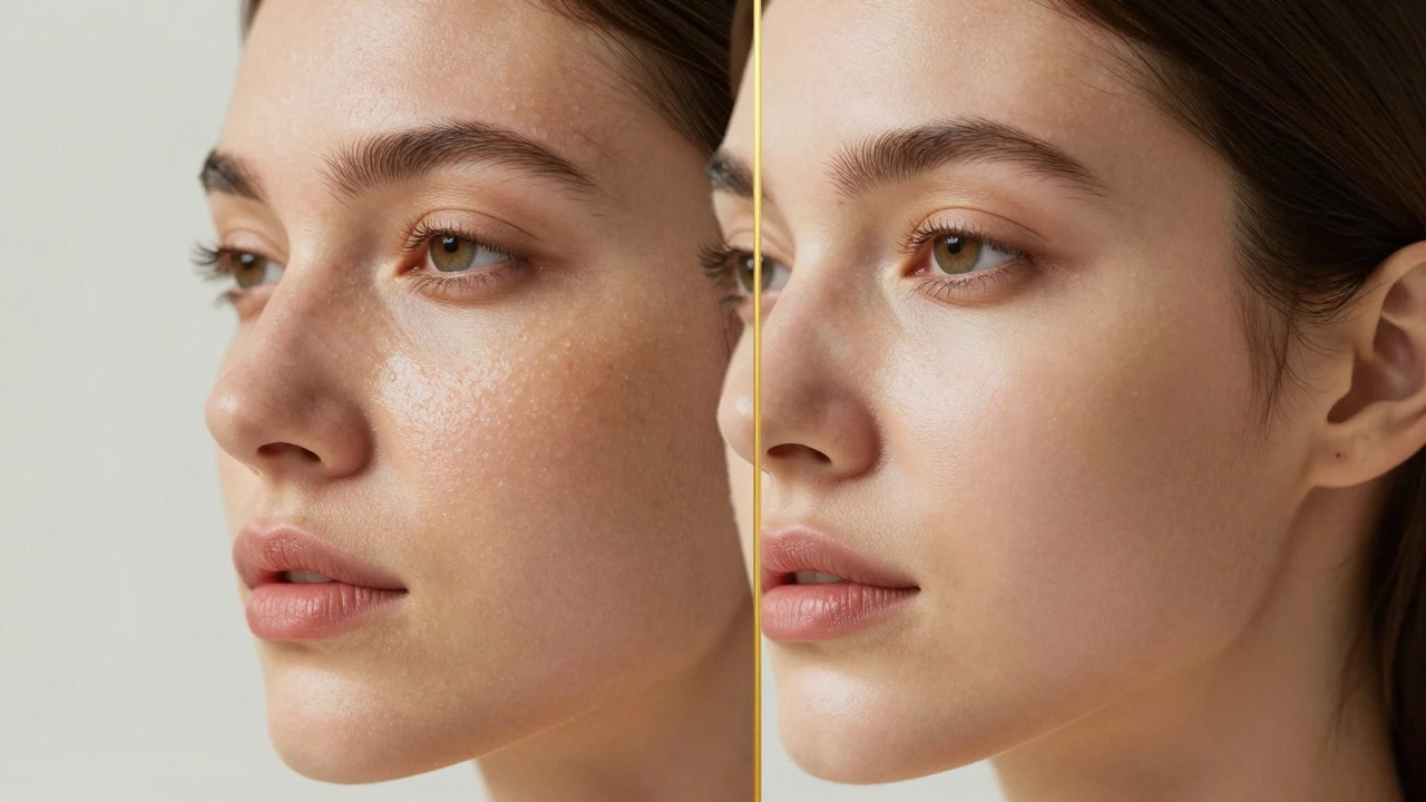 Лицо женщины: одна сторона с признаками старения, другая — после лазерной шлифовки.