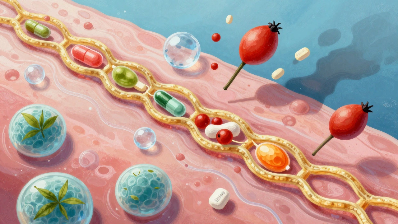 Микроскопическое изображение кожи: коллаген восстанавливается под действием антиоксидантов, а вредные вещества отталкиваются.