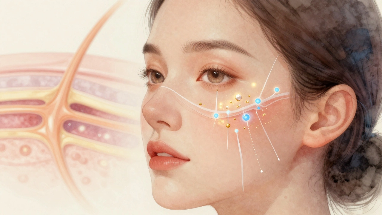 Микроскопическое изображение введения гиалуроновой кислоты в кожу для восстановления увлажнения.