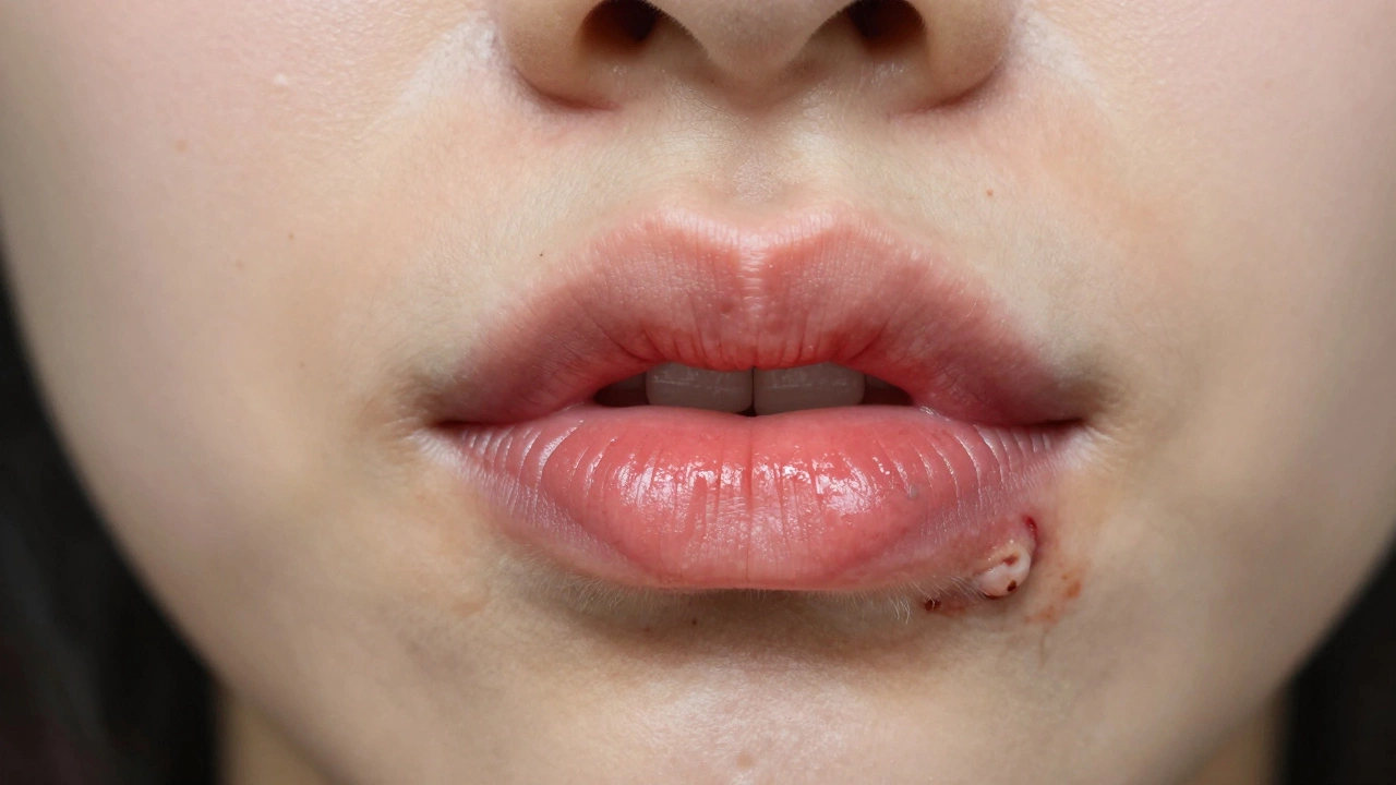 Разделённое изображение: идеальные губы от врача слева и деформированные — от неспециалиста справа, демонстрирующие последствия неквалифицированного вмешательства.