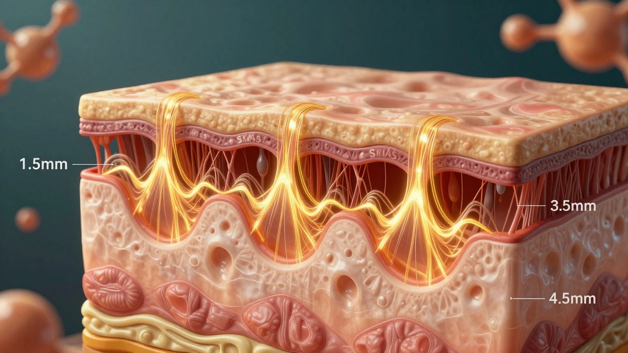 Разрез кожи с тремя уровнями ультразвукового воздействия, стимулирующим SMAS-слой для подтяжки.