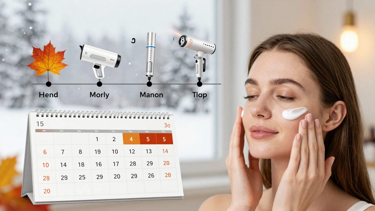 Рука наносит уходовое средство на лицо, за окном — осенний пейзаж, на фоне — график процедур